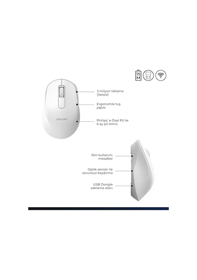 Philips SPK7448 Kablosuz Bluetooth 1600 DPI 4 Tuşlu Optik Mouse