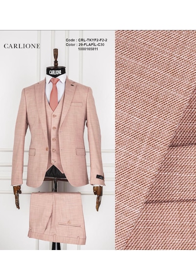 Fabio Cassel Slim Fit Mono Yaka Çift Yırtmaçlı Astarlı Takım Elbise Yelekli Pudra