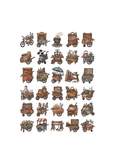 30 Adet Nostaljik Seyyar Zanaatkar Sticker Seti - Ajanda, Defter, Laptop İçin Çok Renkli