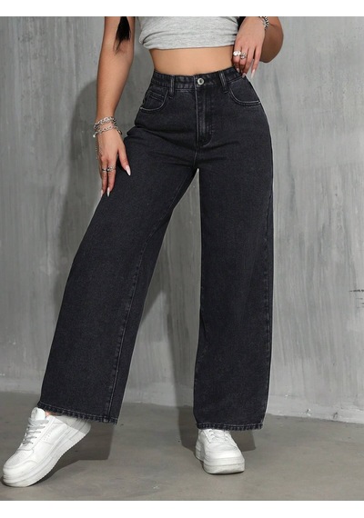 Palazzo Pantolon Koyu Füme Yüksek Bel Geniş Paça Bol Kesim Premium Jeans Gri