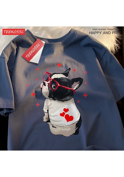 Startmore Y2k Vintage Tişört Tee Sevimli Köpek Geri Bakmak Baskı Mavi