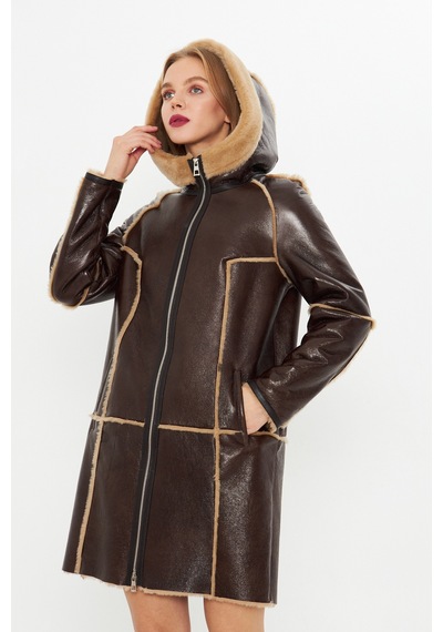 M M Marki Marki Hakiki Deri Kapüşonlu Oversize Kadın Kaban - İçi Kürklü - Koyu Kahverengi 90 Cm- 113422