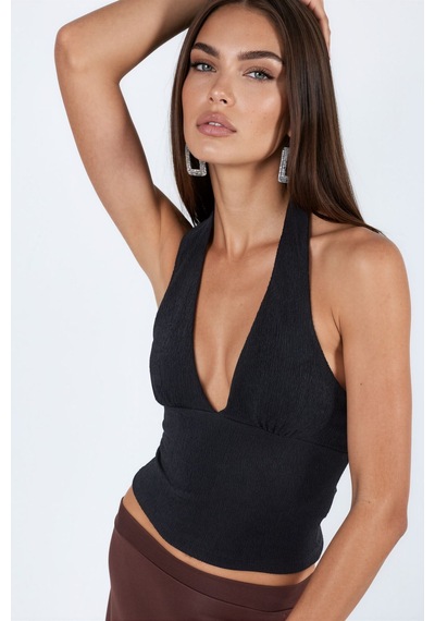 Hiccup Busem Kesik Detaylı Dar Kesim Halter Crop Bluz Siyah