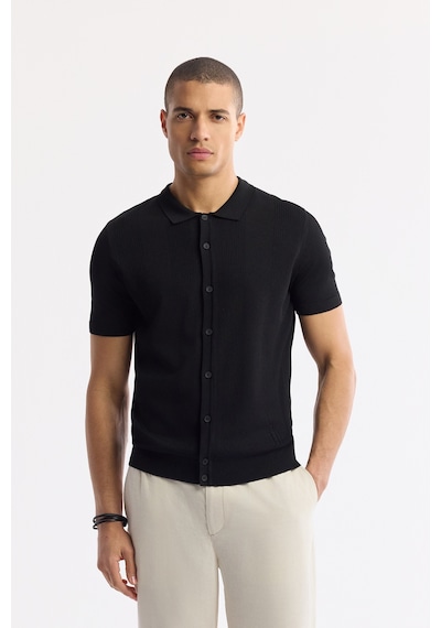 Avva Erkek Siyah Polo Yaka Düğmeli Fitilli Rayon Triko Regular Fit T-shirt A51y5001