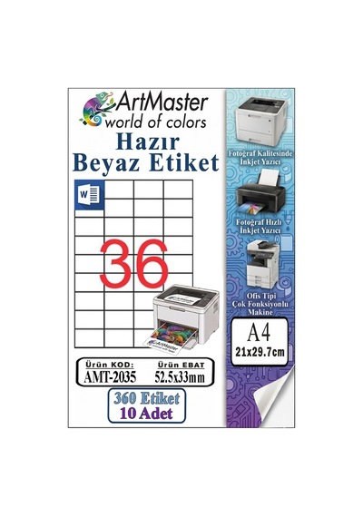 A4 Hazır Beyaz Etiket 52.5x33mm 10 Sayfa 1 Paket 36 Lı Kendinden Yapışkanlı Fotokopi Lazer İnkjet Kağıdı Yazıcılar İçin