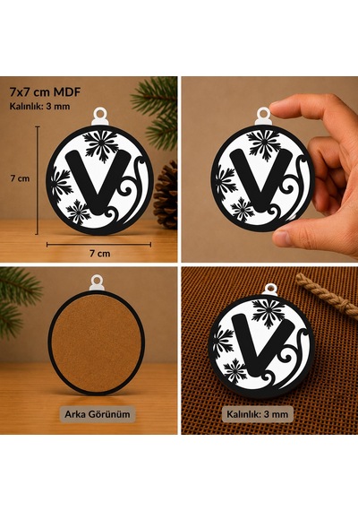 V Harf Yılbaşı Süsü Mdf Çam Ağacı Desenli Asılabilir Dekor 7x7 Cm