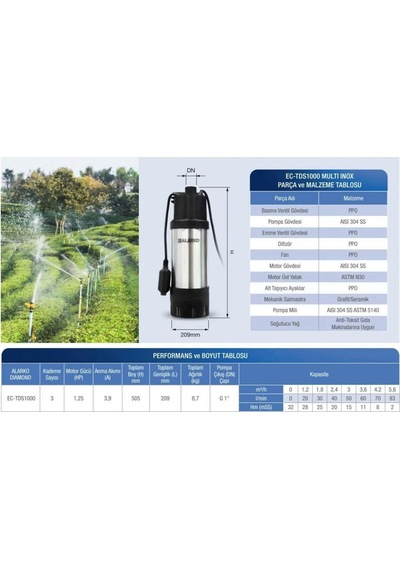 Alarko 1.25 Hp 220v Paslanmaz Gövde Multi Inox Keson Kuyu Pompa