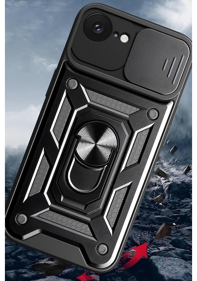 Apple Uyumlu iPhone 14 Kılıf Sürgülü Kamera Korumalı Yüzüklü Stand Olabilen Magnetic Tpu Tank Kapak