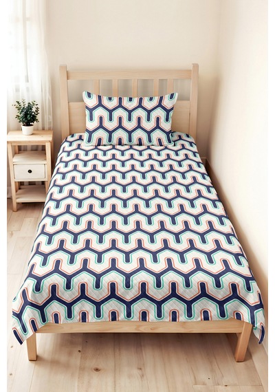 Lacivert Geometrik Genç Odası Tek Kişilik Pike Takımı - Mint Retro 160x220 Cm Kapitone Yatak Örtüsü Doğal Sazlık Sırları