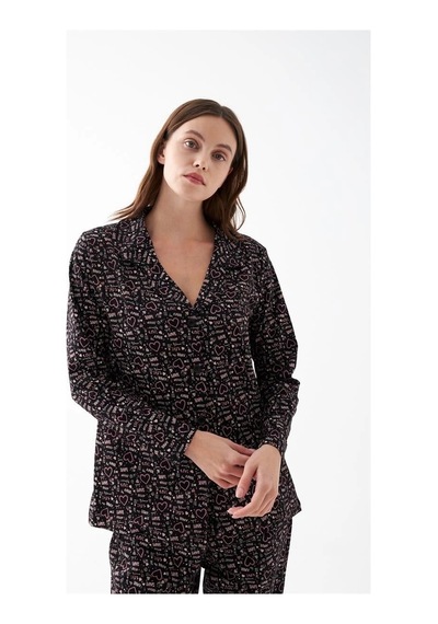 İkikareshop Kadın Siyah Düğmeli Kalp Desenli Pamuklu Pijama Takımı Çok Renkli