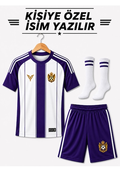 Yenteks İsim Yazılır Çocuk Futbol Forması Mor Beyaz Özel Tasarım 4 Parça Forma+şort+çorap+bileklik Mor - Beyaz