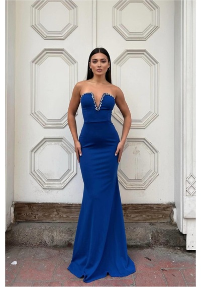Lior Design Kadın Zarif Stil Krep Kumaş V Yaka Balık Kesim Abiye Elbise Saks