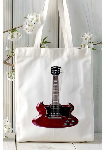 Art Hediye Jazz Gitar Baskılı Bez Çanta Kişiye Özel Model 2 Çok Renkli