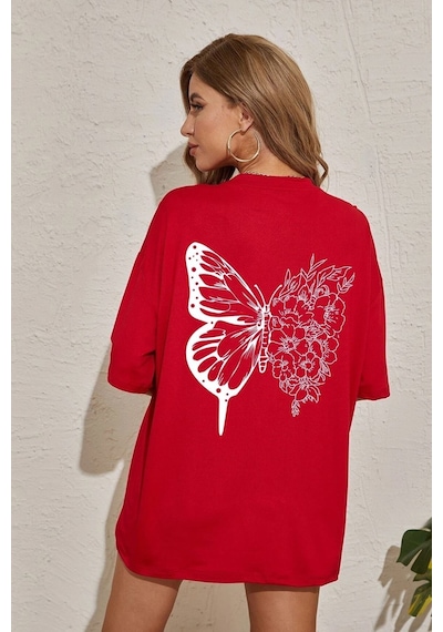 Flood Of Style Unisex Drawing Butterflies Tasarım T-shirt Kırmızı