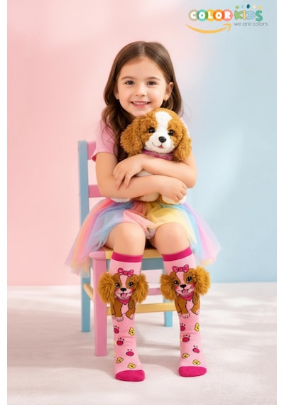 Color Socks 1 Çift Peluş Kulaklı Köpek Desenli Kız Çocuk Çorap Pembe