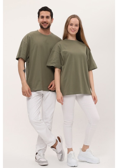 Unisex Haki Oversize Bol Kalıp T-shirt Çift Kombini Açık Haki
