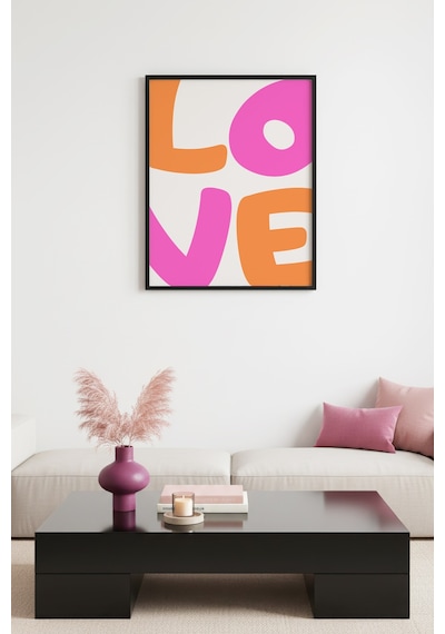 Doğal Ahşap Çerçeveli Pop Art Love Tablo - Pembe Turuncu Yazı Huhu2211