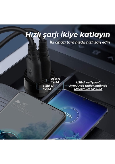 Bix 65w Type-c Pd 3.0 Ve Usb-a Çift Portlu Araç İçi Hızlı Şarj Cihazı Siyah