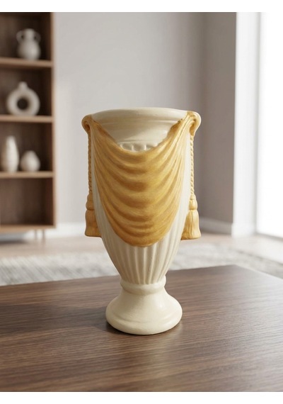 El Yapımı Seramik Vazo Ekru Gold 23x35 Cm - Lüks Şık Salon Konsol Masa Üstü Dekoratif Vazo Hediyelik