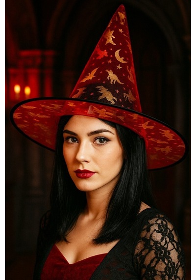 Beysüs Halloween Cadılar Bayramı Cadı Şapkası Kırmızı Gold Şeffaf Tüllü Tüm Yaşlar