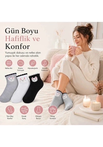 Elitse Kadın Kedi Desenli Kısa Konç Çorap 6 Lı Paket, %80 Pamuklu Dikişsiz Burun, Nefes Alan Yumuşak Bilek Çorabı, Gri Siyah Beyaz Çok Renkli 6'lı Elitse Kadın Kedi Desenli Kısa Konç Çorap 6 Lı Paket, %80 Pamuklu Dikişsiz Burun, Nefes Alan Yumuşak Bilek Çorabı, Gri Siyah Beyaz Çok Renkli 6'lı