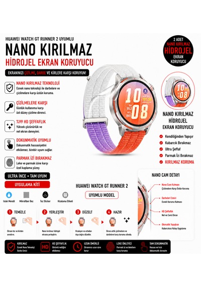 Huawei Watch Gt Runner 2 Uyumlu Nano Jel Ekran Koruyucu 2 Adet Güçlendirilmiş Darbe Emici Tpu