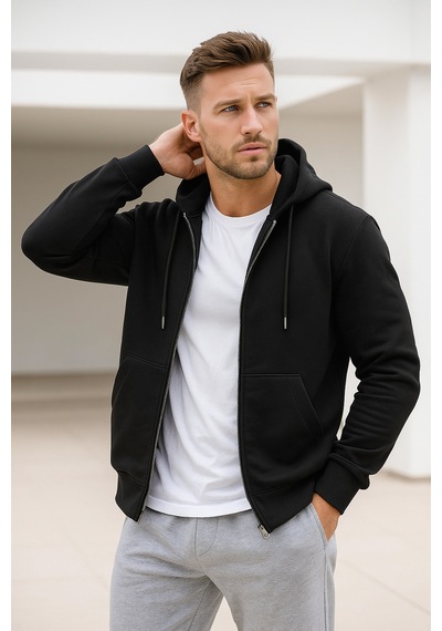 Rich Erkek Siyah Kapüşonlu Kanguru Cepli Fermuarlı Sweatshirt Siyah