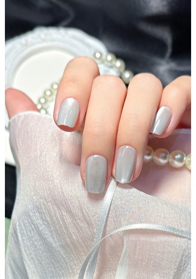 Small Beden Gri Kedi Gözü Kısa Küt 10 Adet Takma Tırnak Seti T126 Cat Eye Gri