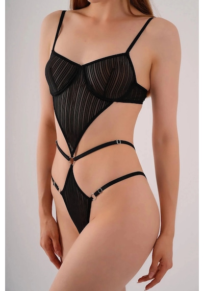 Mentra Online Tül Detaylı Siyah Balenli Özel Tasarım Kadın Bodysuit