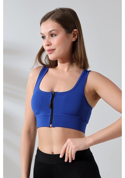 EMFURE Saks Fermuarlı Spor Büstiyer - Sports Bra / Crop Destekli Spor Sütyeni Saks