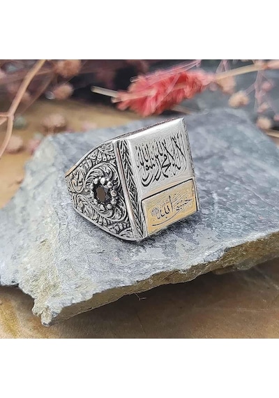 925 Ayar Gümüş Kelime-i Tevhid Ve Hasbiyallah Yazılı Kalem İşlemeli Erkek Yüzük Gümüş