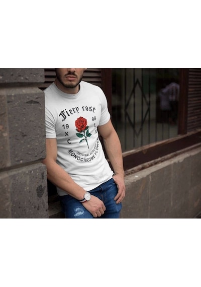 Erkek Bisiklet Yaka Baskılı Oversize T-shirt - Beyaz