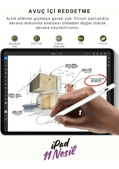 İpad 11. Nesil A16 Dokunmatik Kalem Uyumlu Avuçiçi Red Ve Eğim Özellik Manyetik Yapışan Dijital Pen Beyaz