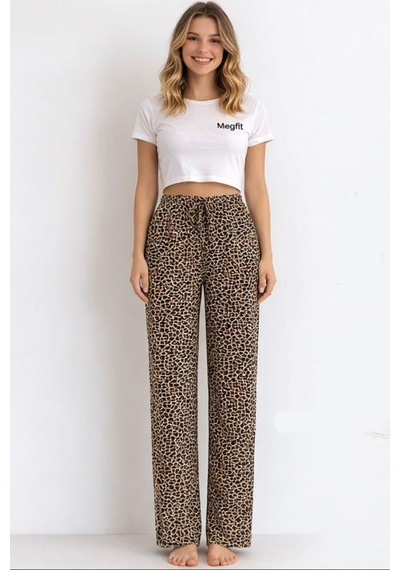 Viskon Pamuklu Kadın Leopar Desenli Pijama Pantolon - Mg005 - Mudanis Leopar Deseni