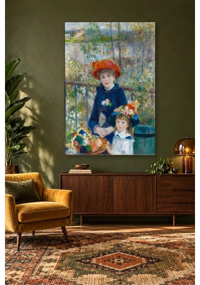 Fida Renoir Terasta Kırmızı Şapkalı İki Kız Kardeş Canvas Tablo Çok Renkli