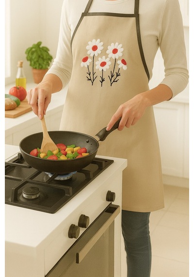 Papatya Desenli Nakışlı Keten Mutfak Önlüğü Yıkanabilir 1 Adet 50x70 Cm Standart Beden Bej