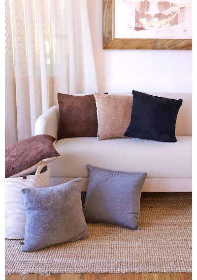 İskandinav Bohem 2'li Kırlent Kılıfı Modern Dekoratif Salon Koltuk Yastık Kılıfı 55x55 cm Teddy Puffy Siyah