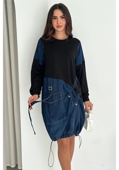 Femelle Kadın Sweat Denim Patchwork Elbise Oversize Cepli Büzgülü %100 Pamuk Spor Elbise Lacivert Femelle Kadın Sweat Denim Patchwork Elbise Oversize Cepli Büzgülü %100 Pamuk Spor Elbise Lacivert