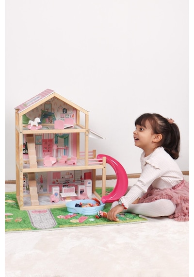 Pembe Ahşap Kaydıraklı Oyun Evi, Ahşap Oyun Evi, Çocuk Halısı T2010