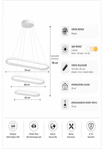 AvizeGO Elipso 3'lü Led Sarkıt Avize 3 Renk Kumandalı Beyaz