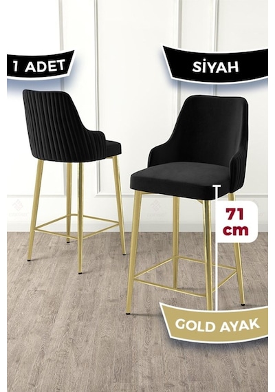 Canisa Enox Serisi 1 Adet Siyah Mutfak Bar Sandalyesi Babyface Kumaş Gold Kaplama Metal Ayak Sandalyeler Siyah Ayaklar Gold