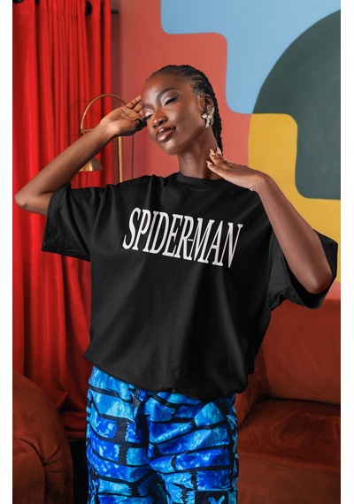 Spider-man Örümcek Adam Süper Kahraman Sırt Baskılı Unisex Oversi Siyah