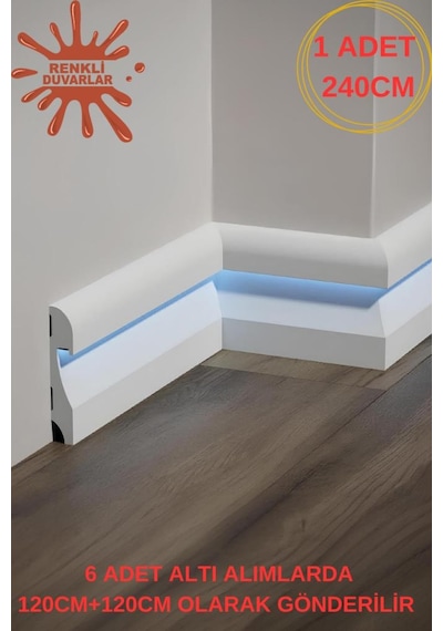 11.5cm X 240cm Polimer Lake Beyaz Ledli Süpürgelik Salon Ev Ofis Koridor Çıta Parke Süpürgelik