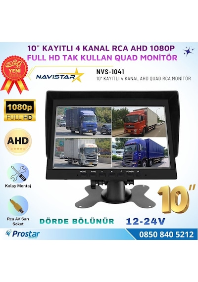 Kayıtlı 10 İnç 4 Kanal Full Hd Tak Kullan Quad Ahd Analog Uyumlu Rca Av Araç Monitörü 12-24v