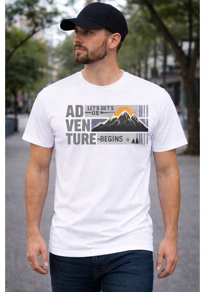 Herkesemoda Adventure Baskı Detaylı Basic T-shırt Beyaz
