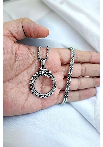 Gümüş Kaplama Krom-çelik Erkek Kolyesi Ouroboros Yokoluş Ve Yeniden Varoluş Sembolü Ejderha Beyaz