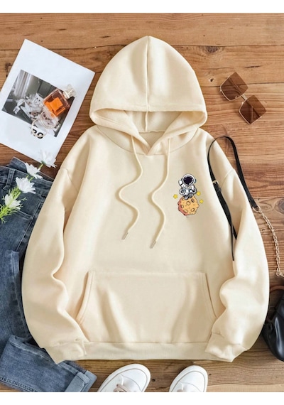 Startmore Bej Unisex Kadın/erkek Galaxy Renkli Özel Baskılı Pamuklu Oversize Kapüşonlu