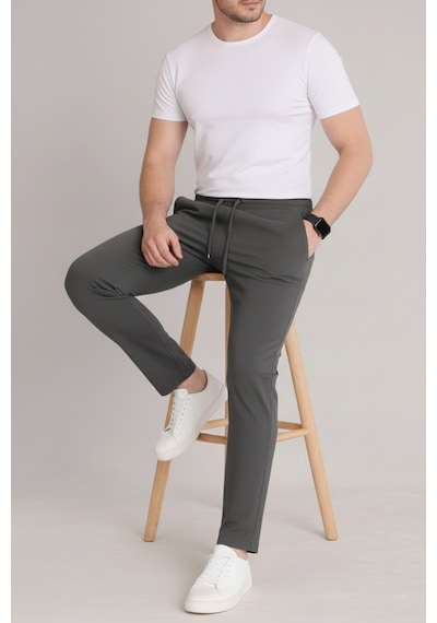 Bürke Erkek Antrasit Beli Lastikli Bağcıklı Duble Paça Jogger Pantolon