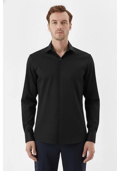 Sabri Özel Erkek Siyah Dar Kesim Slim Fit %100 Pamuk Dokuma Uzun Kollu Klasik Yaka Gömlek