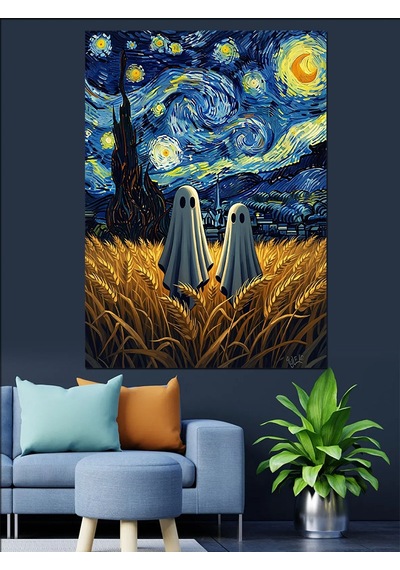 Van Gogh Yıldızlı Gece Ve Hayalet Dekoratif Kanvas - Mdf Ahşap Tablo